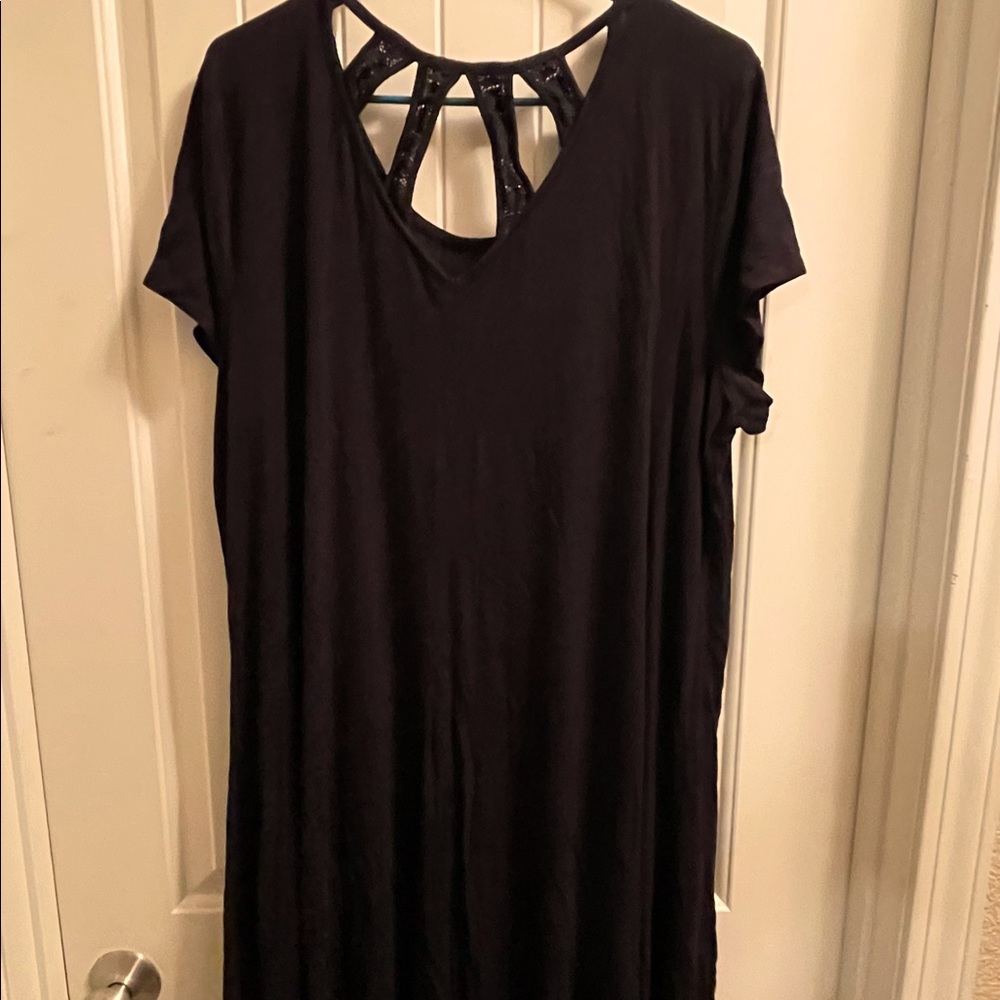 Comfy black cotton jersey dress with back upper back embellishment!